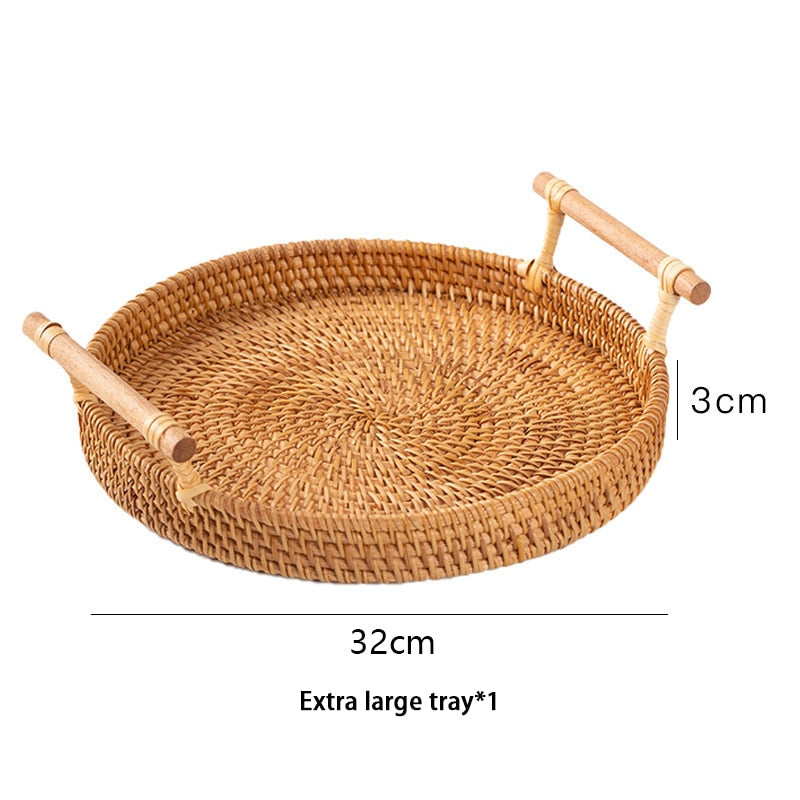 Handgeflochtene Rattan Tablett mit Holzgriff - Weidenkorb für Brot, Obst, Kuchen und mehr