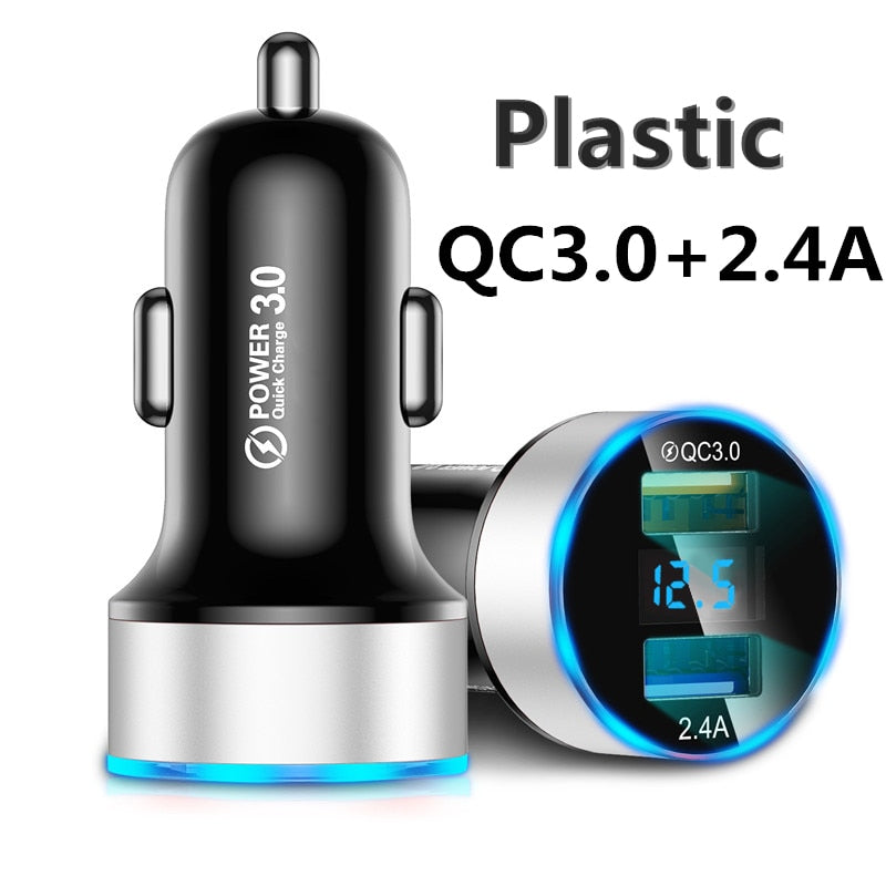QC 3.0 Metal Dual USB Car Charger for iPhone Xiaomi Samsung Huawei - LED Digital Display, Fast Charging, Voltage Monitoring