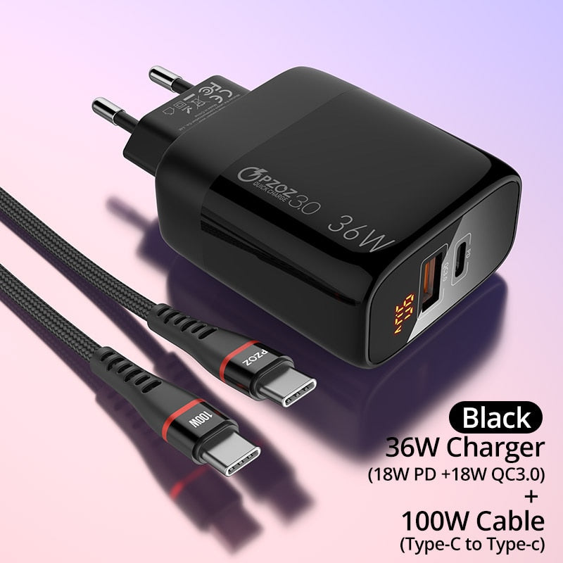 PZOZ USB Charger 30W PD 18W LED Display For iphone 12 pro max 11 8 Samsung xiaomi redmi usb c