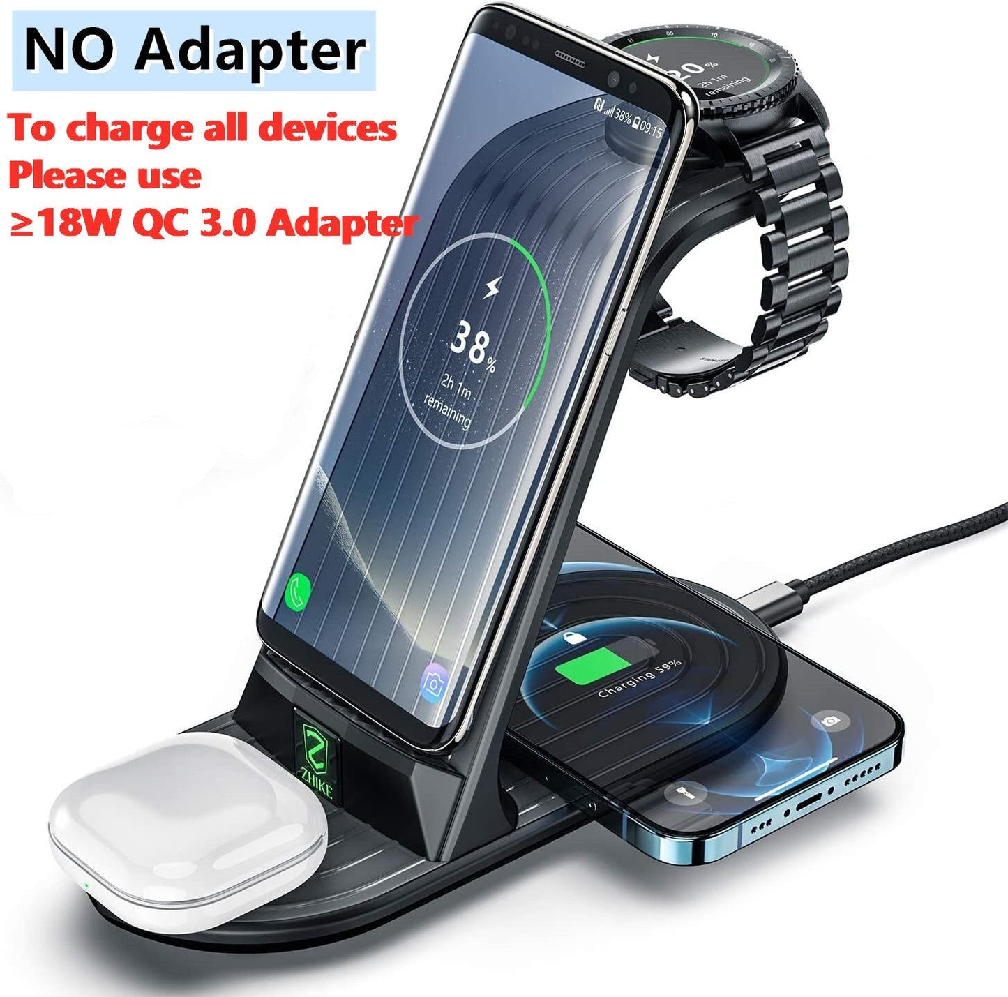 4-in-1 Fast Charging Station for Samsung Galaxy Watch 3, Gear, Buds, Note 20, S21, iPhone 12, 11 Pro Max, AirPods