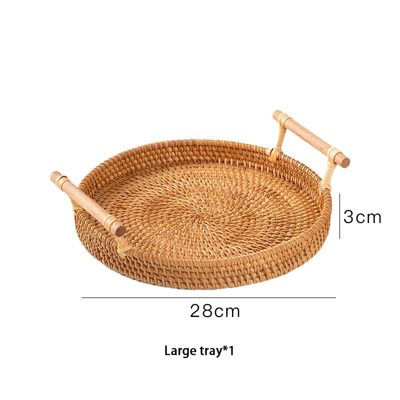 Handgeflochtene Rattan Tablett mit Holzgriff - Weidenkorb für Brot, Obst, Kuchen und mehr
