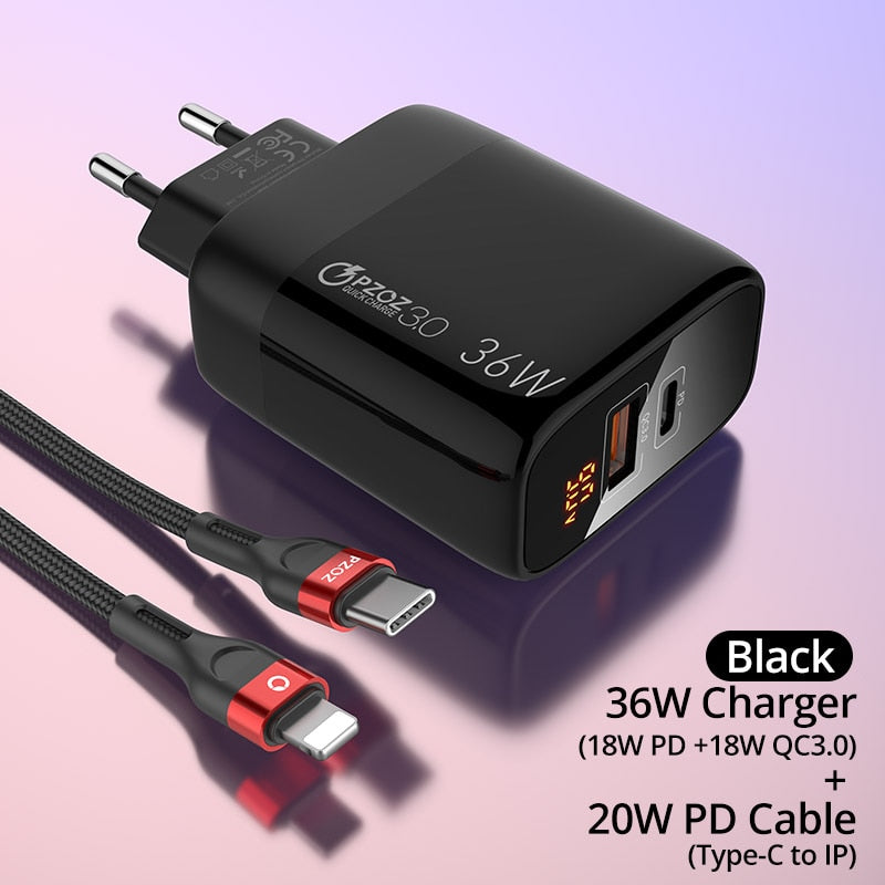 PZOZ USB Charger 30W PD 18W LED Display For iphone 12 pro max 11 8 Samsung xiaomi redmi usb c