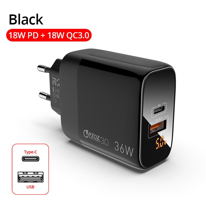 PZOZ USB Charger 30W PD 18W LED Display For iphone 12 pro max 11 8 Samsung xiaomi redmi usb c