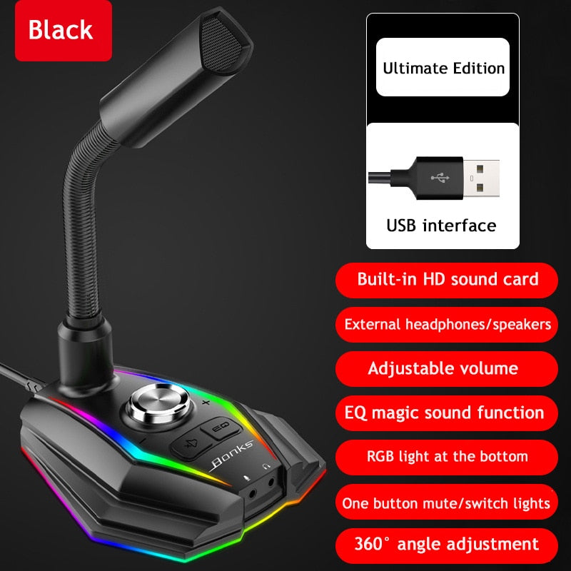 Computer USB microphone with RGB base and HD sound card