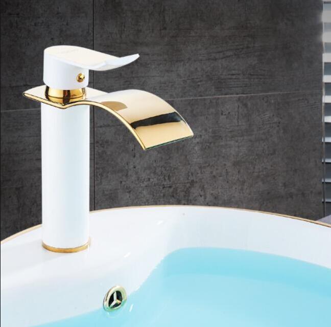Gold White Waterfall Bathroom Faucet Brass Hot Cold Sink Faucet