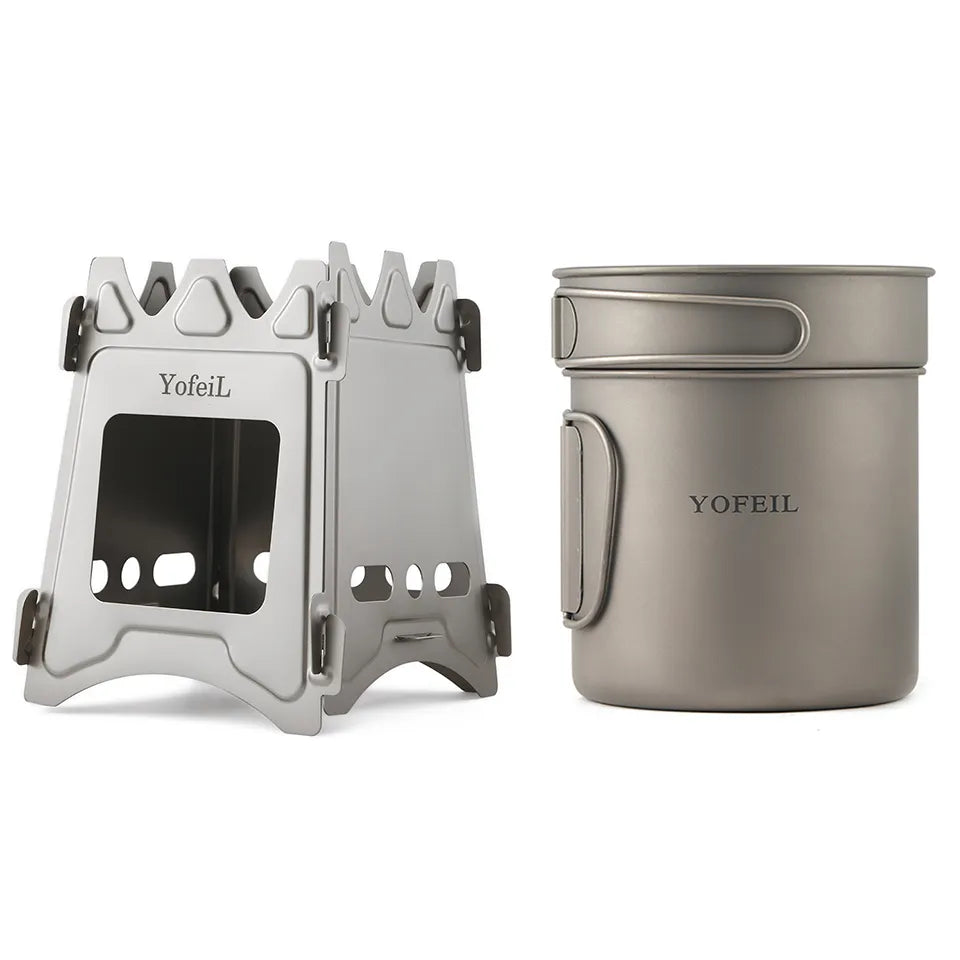 Camping Pure Titanium Cookware Pot Wood Burning Stove Spoon Fork Tableware Picnic Set Outdoor