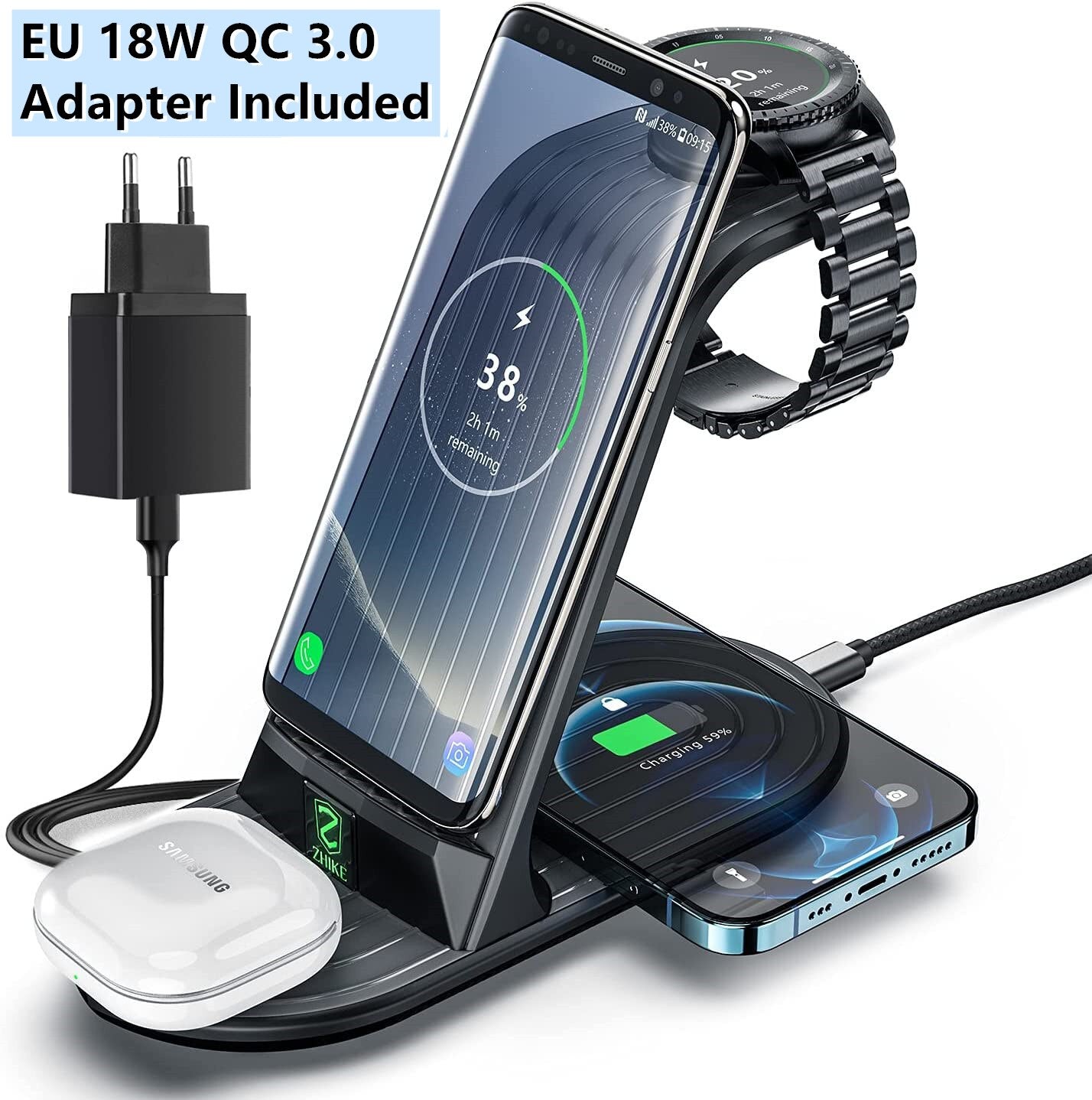 4-in-1 Fast Charging Station for Samsung Galaxy Watch 3, Gear, Buds, Note 20, S21, iPhone 12, 11 Pro Max, AirPods