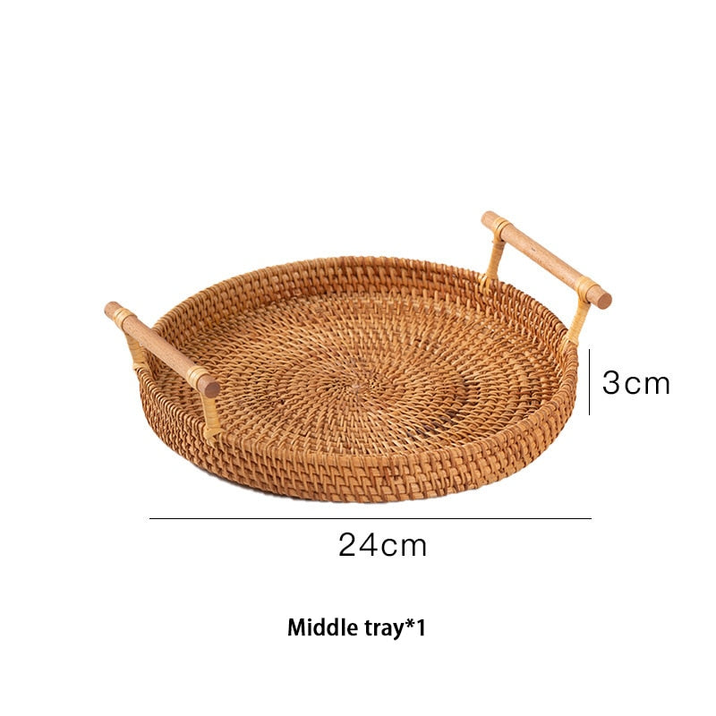 Handgeflochtene Rattan Tablett mit Holzgriff - Weidenkorb für Brot, Obst, Kuchen und mehr