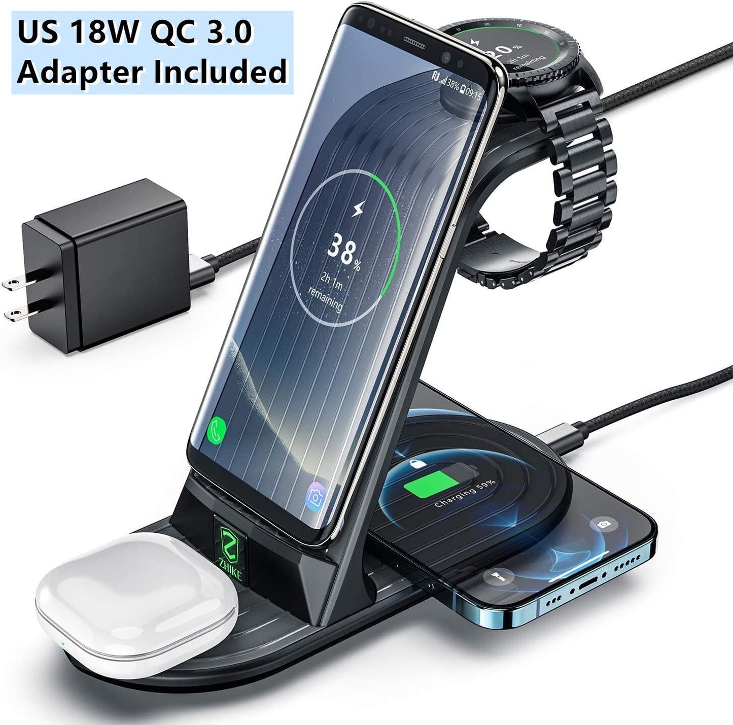 4-in-1 Fast Charging Station for Samsung Galaxy Watch 3, Gear, Buds, Note 20, S21, iPhone 12, 11 Pro Max, AirPods