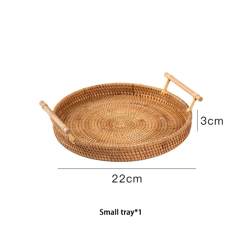 Handgeflochtene Rattan Tablett mit Holzgriff - Weidenkorb für Brot, Obst, Kuchen und mehr