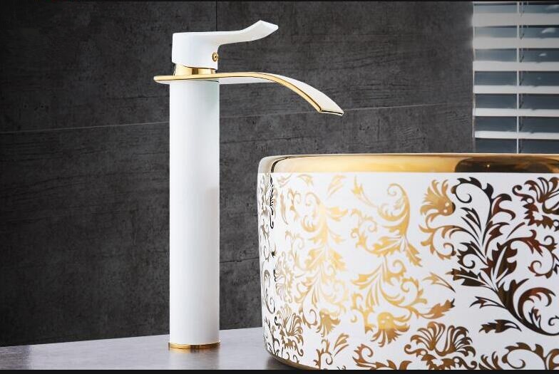 Gold White Waterfall Bathroom Faucet Brass Hot Cold Sink Faucet
