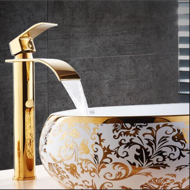 Gold White Waterfall Bathroom Faucet Brass Hot Cold Sink Faucet
