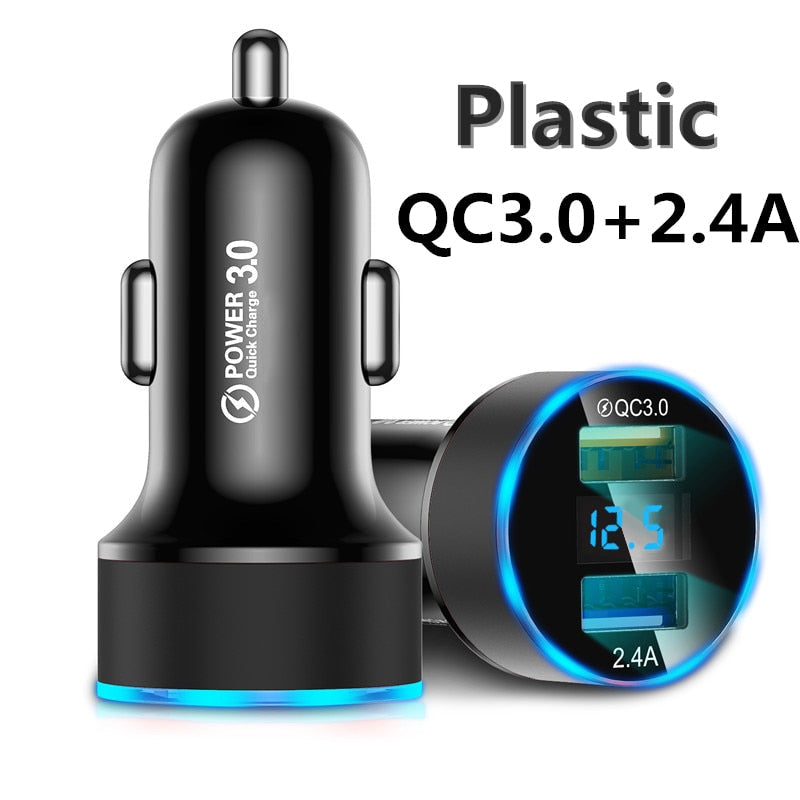QC 3.0 Metal Dual USB Car Charger for iPhone Xiaomi Samsung Huawei - LED Digital Display, Fast Charging, Voltage Monitoring