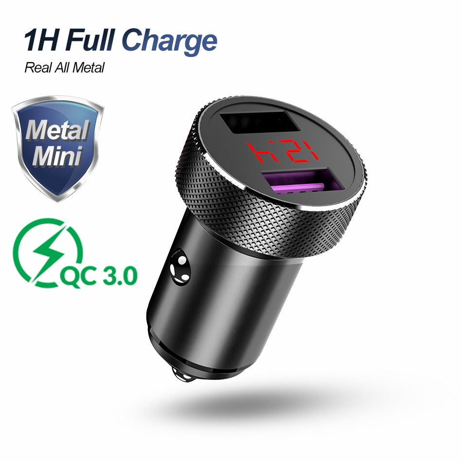 QC 3.0 Metal Dual USB Car Charger for iPhone Xiaomi Samsung Huawei - LED Digital Display, Fast Charging, Voltage Monitoring
