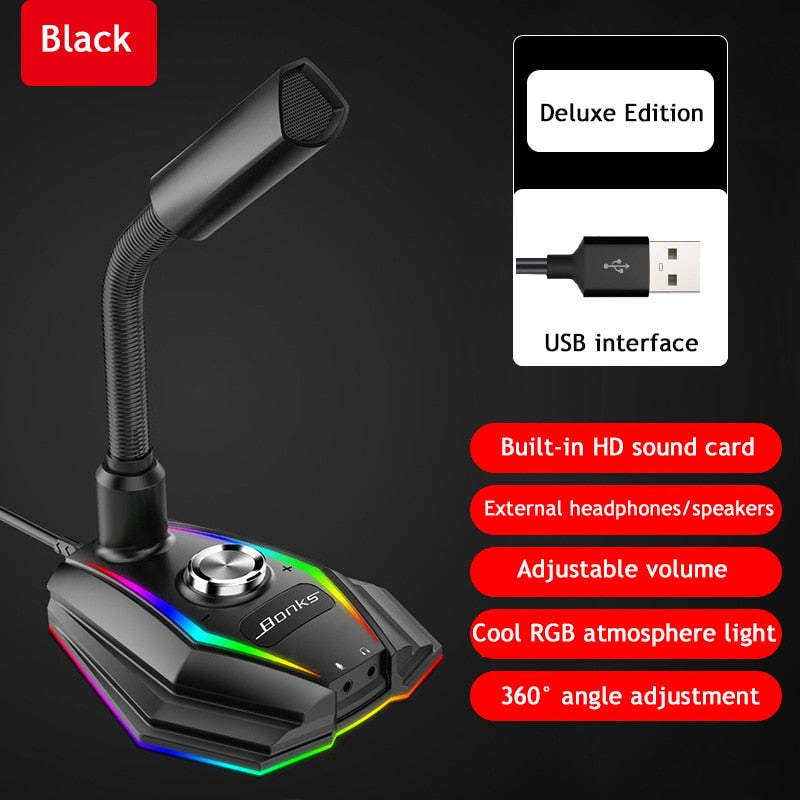 Computer USB microphone with RGB base and HD sound card