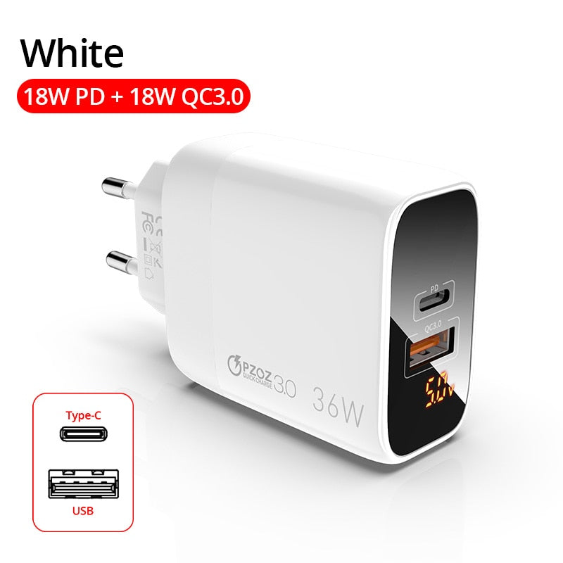 PZOZ USB Charger 30W PD 18W LED Display For iphone 12 pro max 11 8 Samsung xiaomi redmi usb c