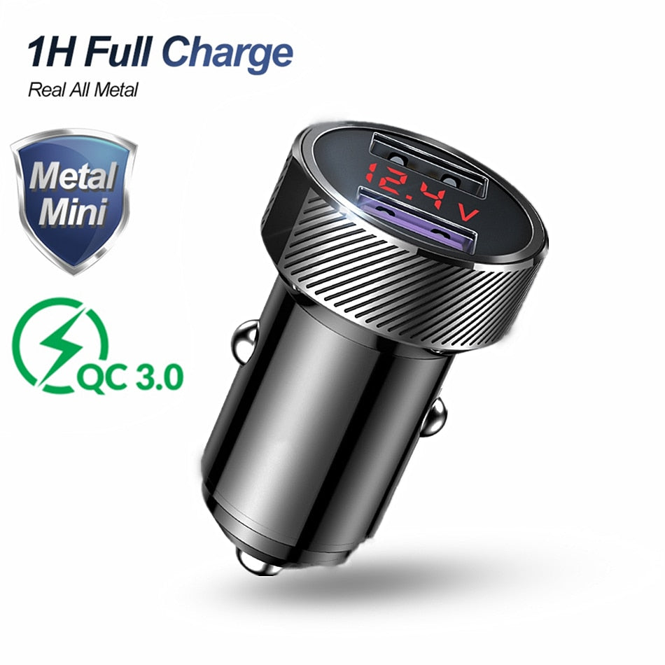 QC 3.0 Metal Dual USB Car Charger for iPhone Xiaomi Samsung Huawei - LED Digital Display, Fast Charging, Voltage Monitoring