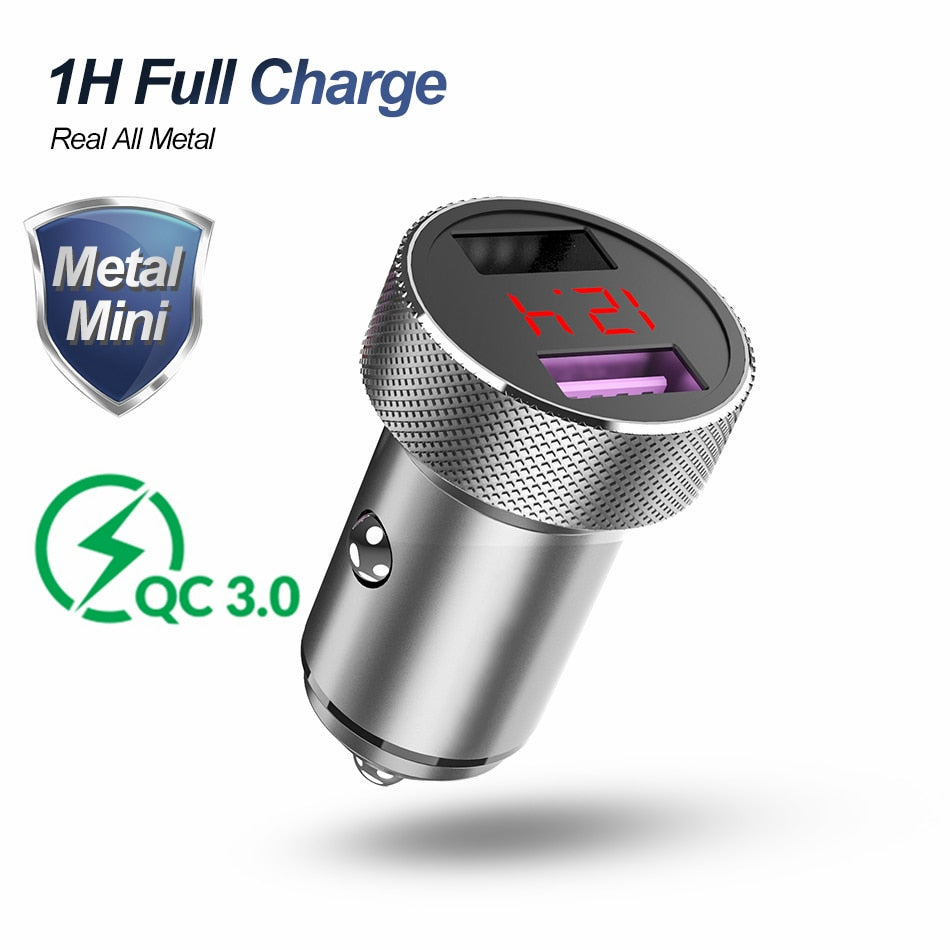 QC 3.0 Metal Dual USB Car Charger for iPhone Xiaomi Samsung Huawei - LED Digital Display, Fast Charging, Voltage Monitoring