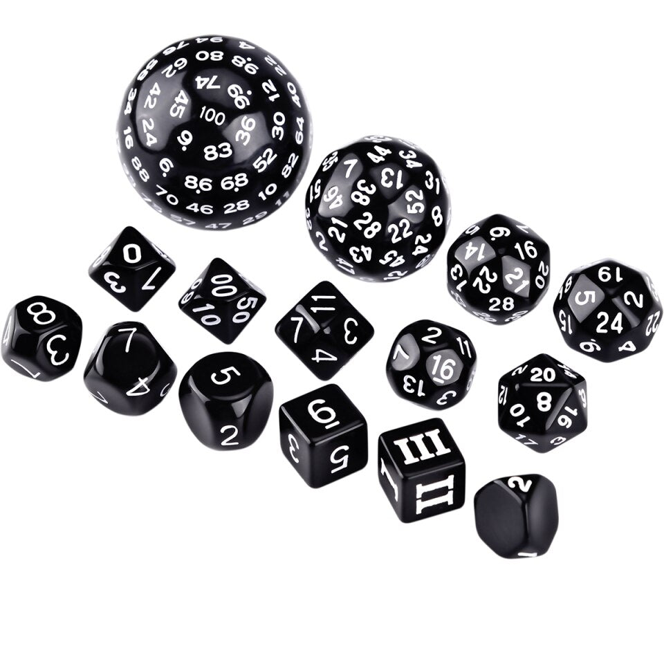 15 pcs black dice set for DND DCC RPG D3 D4 D5 D6 D7 D8 D10 D12 D16 D20 D24 D30 D60 D100