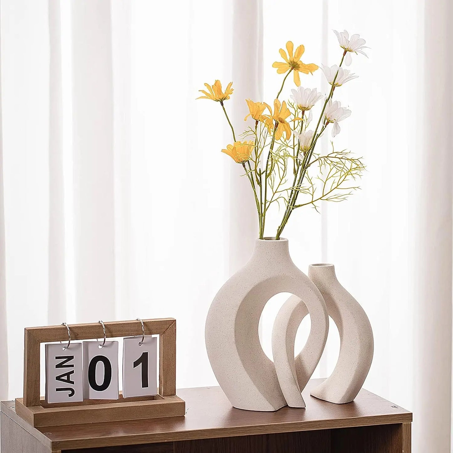 White Ceramic Vase Set of 2 for Modern Home Decor, Boho Donut