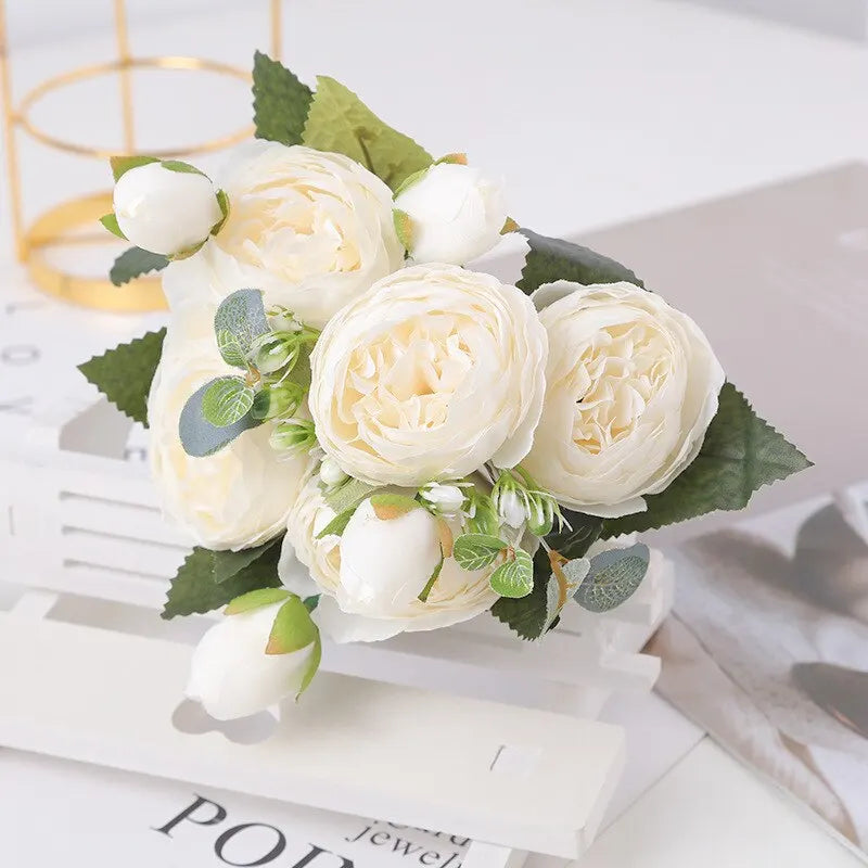Bouquet de fleurs artificielles roses et pivoines blanches, 30cm, 5 grosses têtes et 4 bourgeons