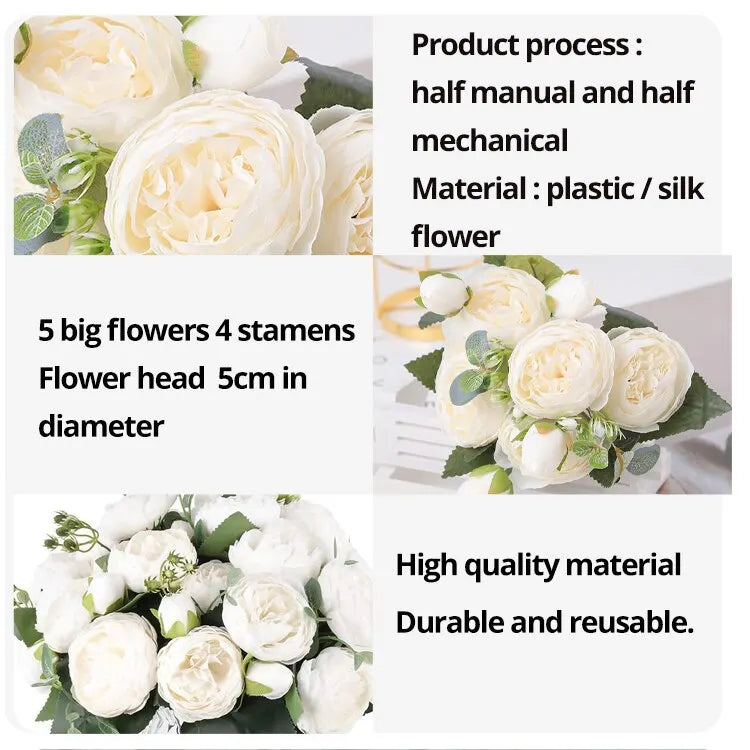 Bouquet de fleurs artificielles roses et pivoines blanches, 30cm, 5 grosses têtes et 4 bourgeons