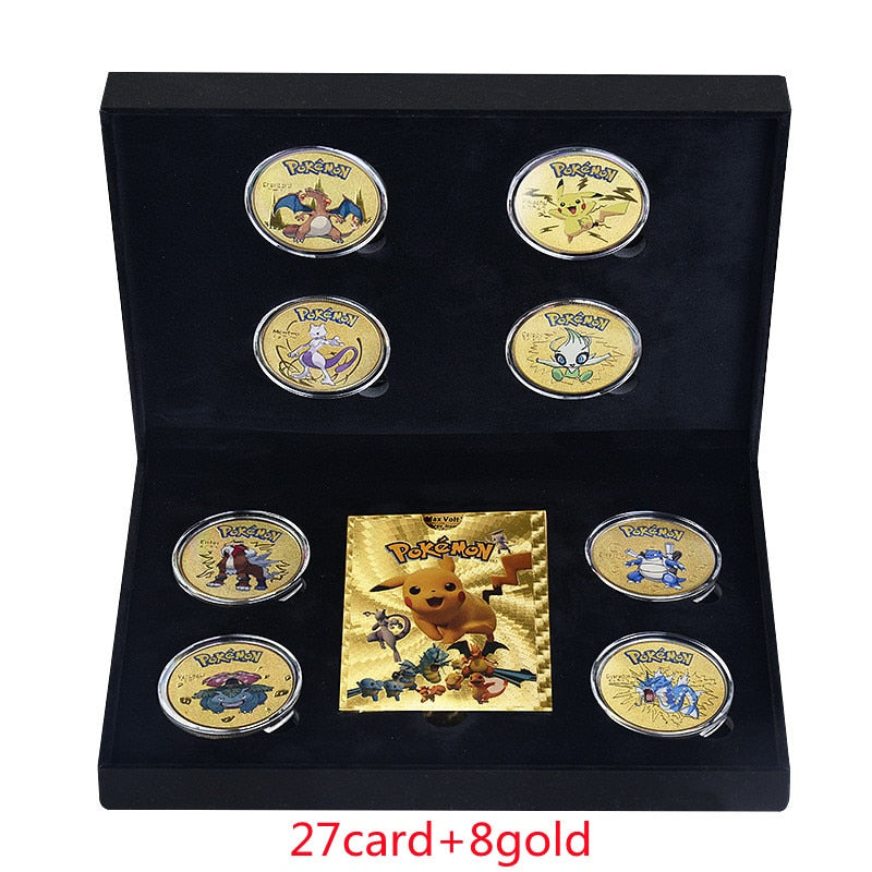 54 Stk. Pokemon Karte Schwarz Gold Silber Englisch Karten GX Vmax Spiel Pikachu Charizard Gold Metall Münze