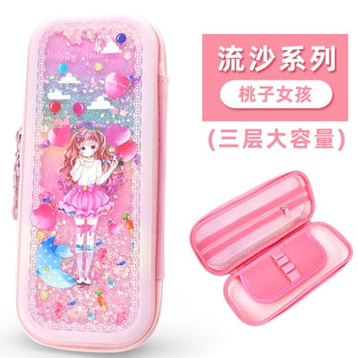 Pink Girls Pen Box Quicksand Flow Stationery Organizer - 40 Characters
