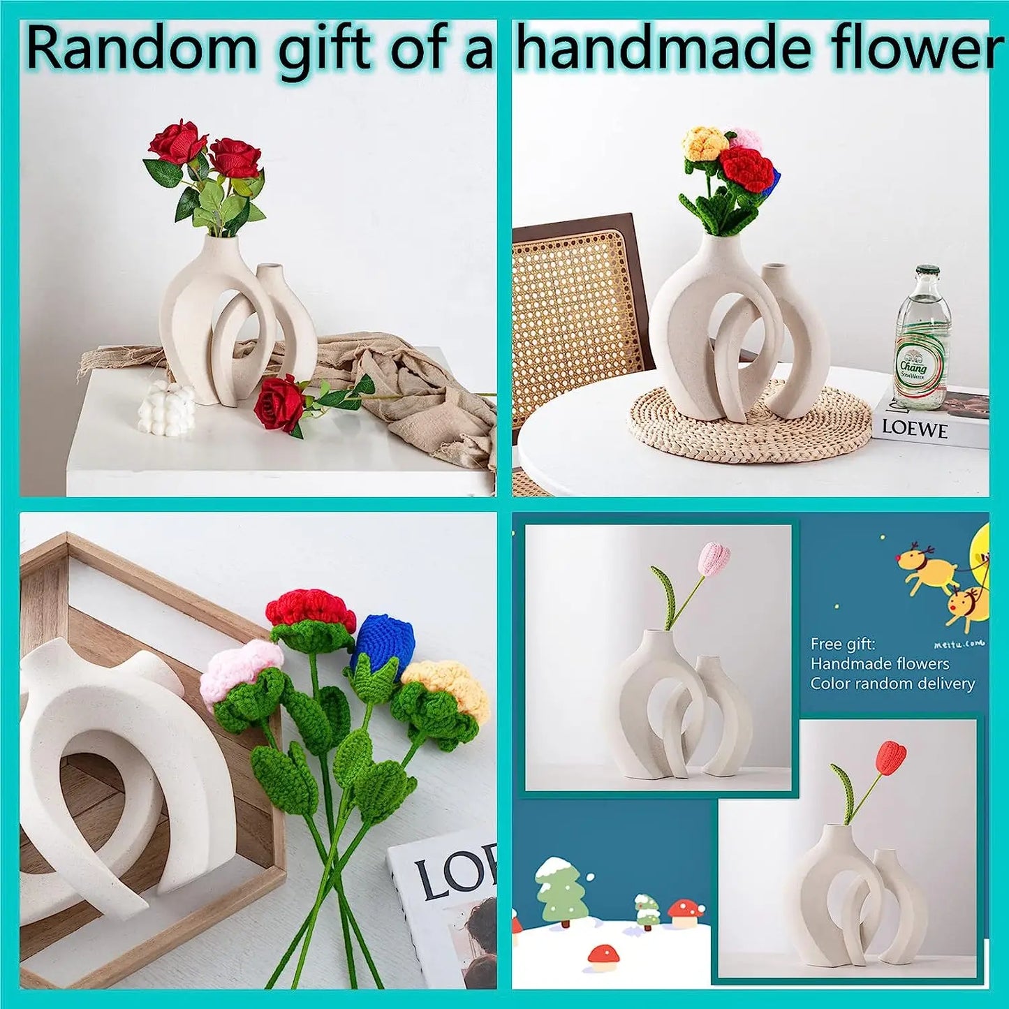 White Ceramic Vase Set of 2 for Modern Home Decor, Boho Donut