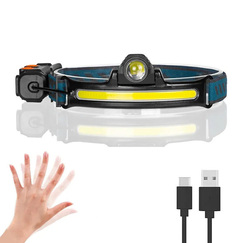USB Wiederaufladbare Induktions-Stirnlampe Zoom COB LED Stirnlampe Eingebaute Batterie Taschenlampe Multifunktion 6 Modi Kopftaschenlampe