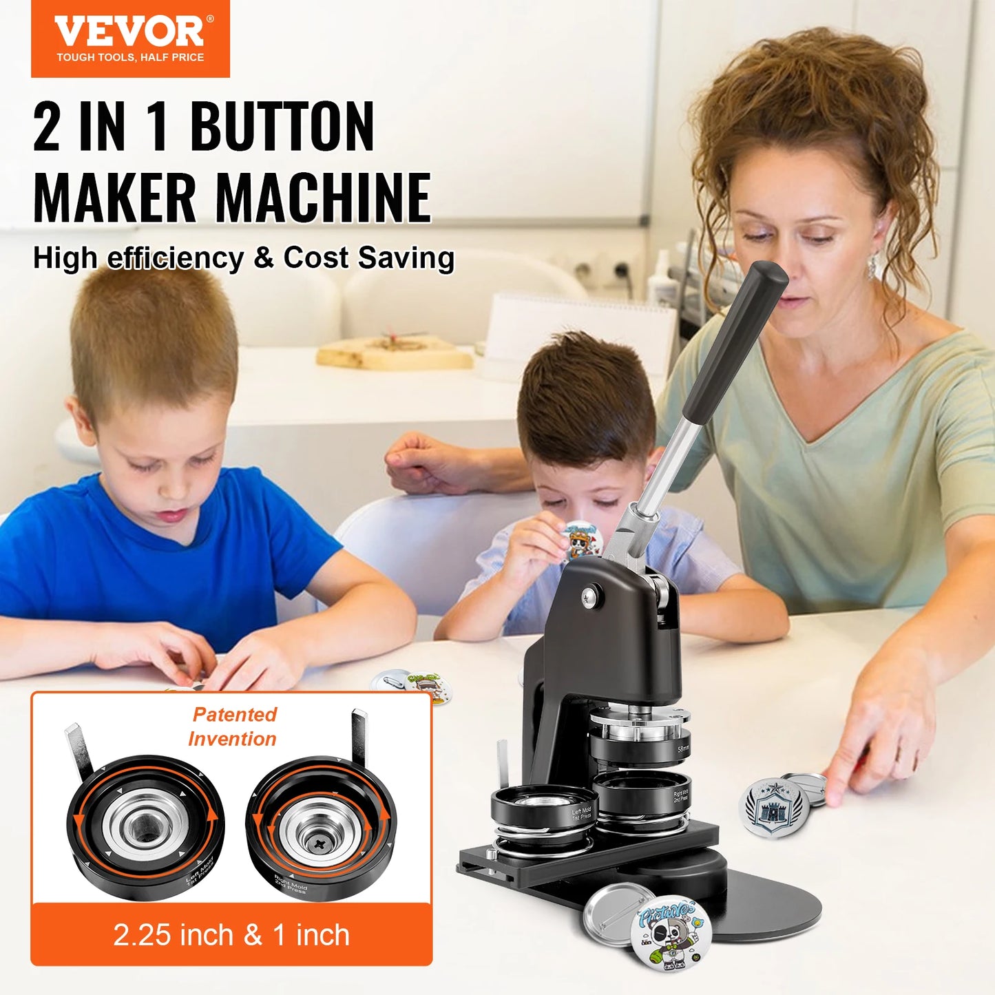 VEVOR 25+58MM/32+58MM Badge Machine DIY Button Pin with 500Pcs Free Parts Press Kit Circle Manufacturing Button Making Tool