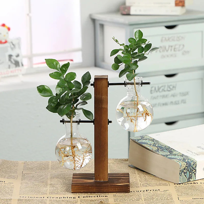 Vases pour plantes hydroponiques Terrarium, Pot de fleur Vintage, Vase Transparent, cadre en bois, verre