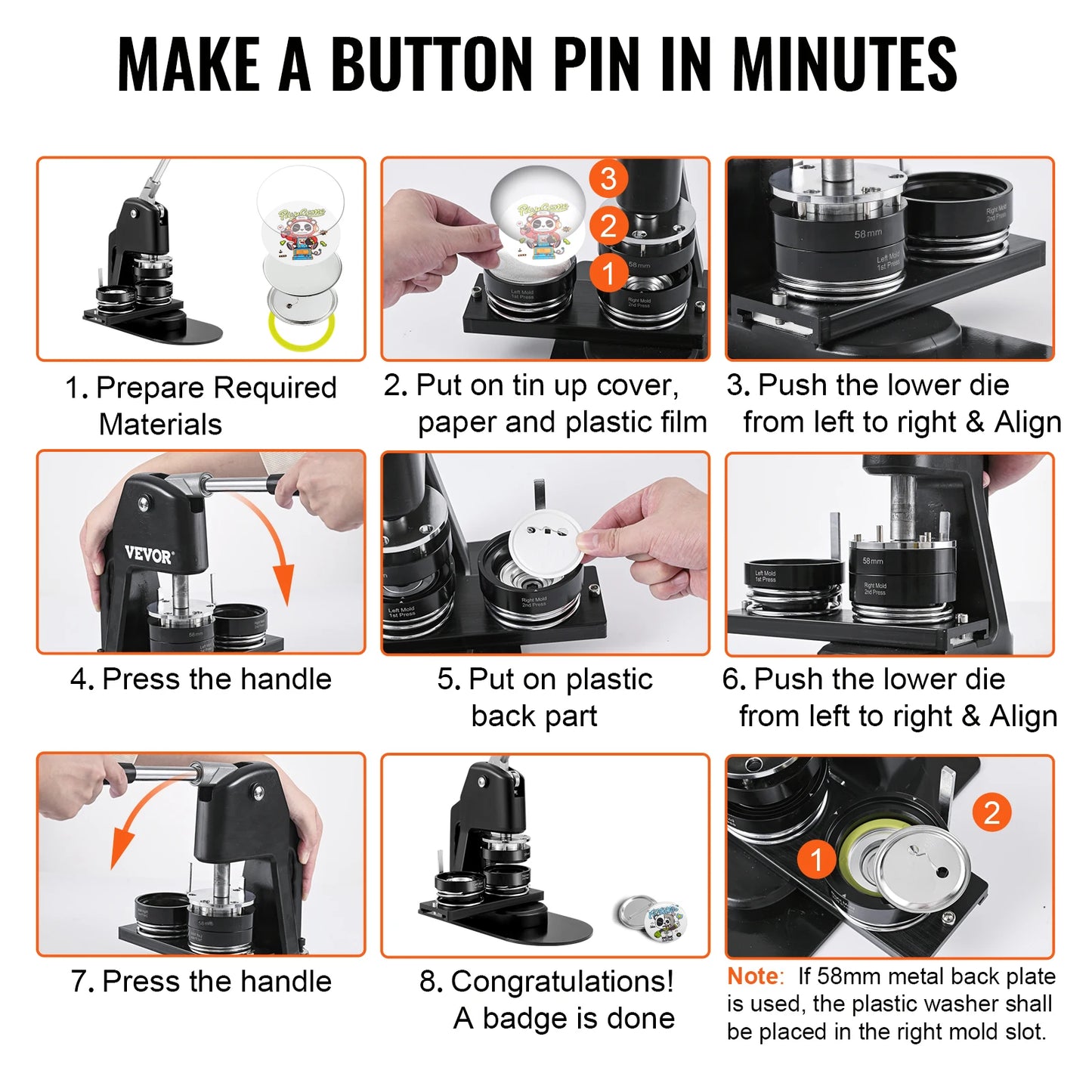 VEVOR 25+58MM/32+58MM Badge Machine DIY Button Pin with 500Pcs Free Parts Press Kit Circle Manufacturing Button Making Tool