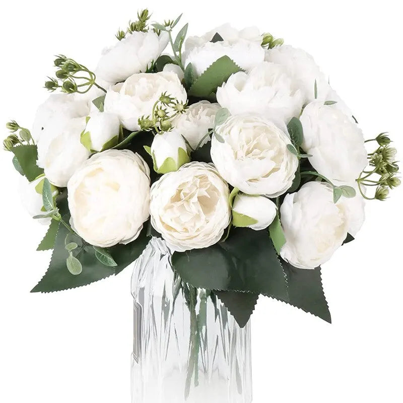 Bouquet de fleurs artificielles roses et pivoines blanches, 30cm, 5 grosses têtes et 4 bourgeons