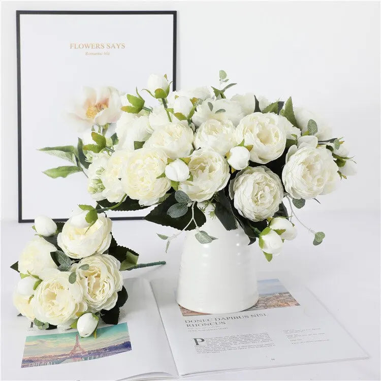 Bouquet de fleurs artificielles roses et pivoines blanches, 30cm, 5 grosses têtes et 4 bourgeons