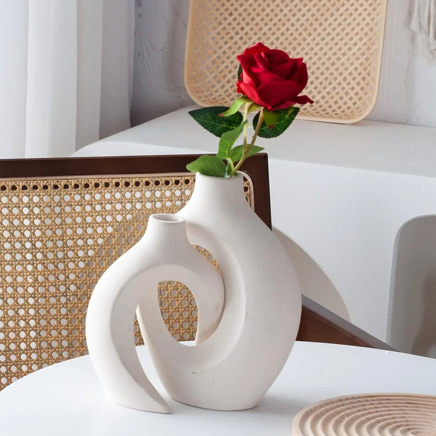 White Ceramic Vase Set of 2 for Modern Home Decor, Boho Donut
