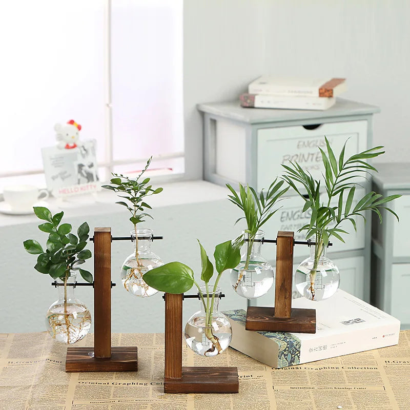 Vases pour plantes hydroponiques Terrarium, Pot de fleur Vintage, Vase Transparent, cadre en bois, verre