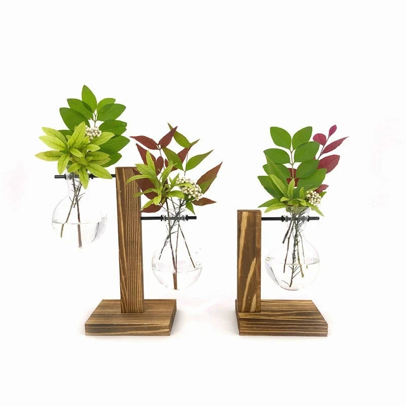 Vases pour plantes hydroponiques Terrarium, Pot de fleur Vintage, Vase Transparent, cadre en bois, verre