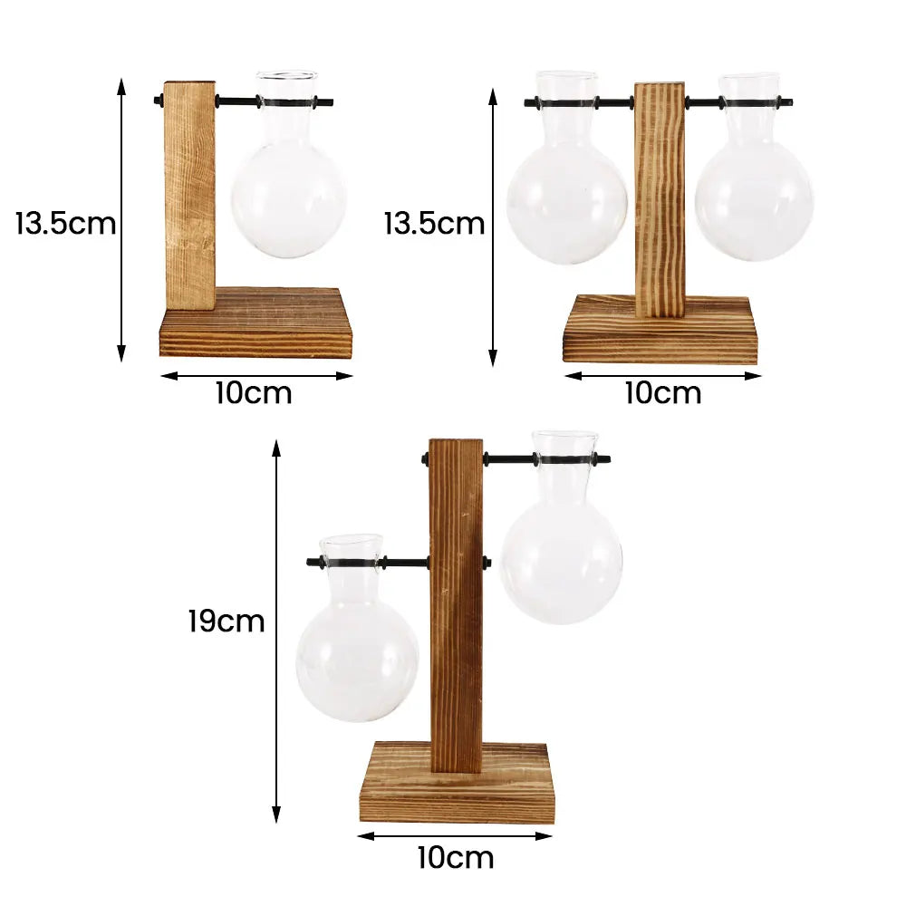Vase à ampoules en verre créatif, support en bois pour jardinière de bureau