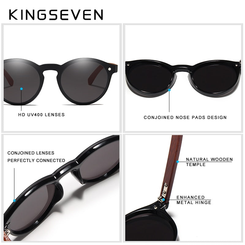 KINGSEVEN Wooden Sunglasses UV400 Men Women Brand Rosewood Eyewear