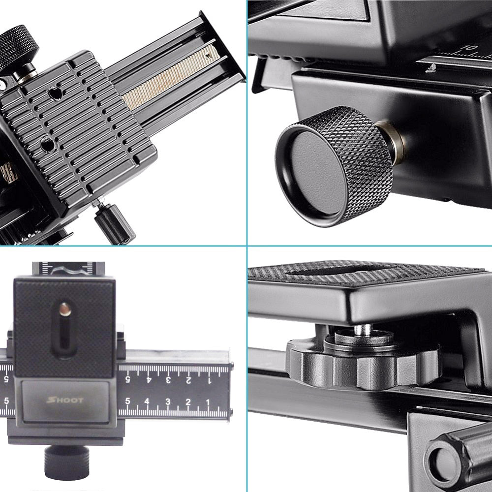 SHOOT-4-Way-Macro-Focusing-Rail-Slider-for-Canon-Sony-Nikon-Pentax-Close-Up-Shooting-Tripod-Head-with-1/4-Screw-for-DSLR-Camera