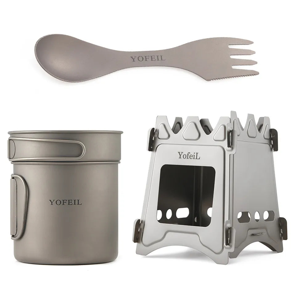 Camping Pure Titanium Cookware Pot Wood Burning Stove Spoon Fork Tableware Picnic Set Outdoor