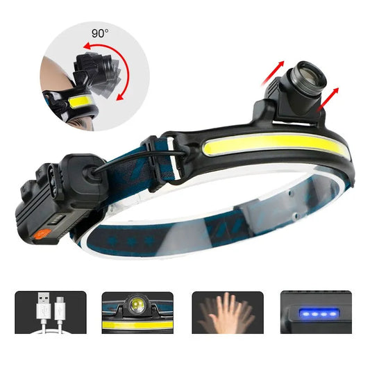 USB Rechargeable Induction Headlamp Zoom COB LED Head Lamp Built-in Battery Flashlight Multifunction 6 Modes Head Torch